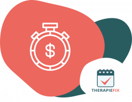 Im Vordergrund ist in weiß eine Stoppuhr in der sich ein Dollarzeichen befindet auf einer Fläche, die in einem Orangeton ist, zu sehen, darunter ist eine Fläche im Grünton zu sehen. In der rechten unteren Ecke ist eine weiße Fläche mit dem Therapiefixlogo (Kalender mit einem Häkchen drin und dem Wort Therapiefix darunter) zu sehen.