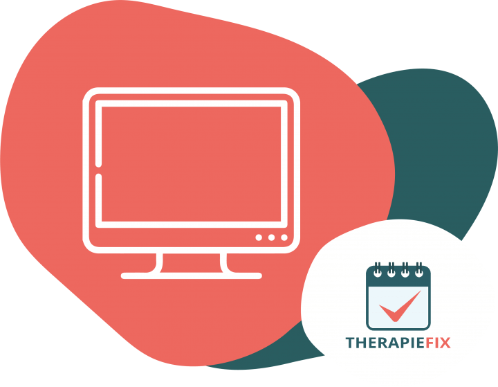 Im Vordergrund ist ein Bildschirm in weiß auf einer Fläche, die in einem Orangeton ist, zu sehen, darunter ist eine Fläche im Grünton zu sehen. In der rechten unteren Ecke ist eine weiße Fläche mit dem Therapiefixlogo (Kalender mit einem Häkchen drin und dem Wort Therapiefix darunter) zu sehen.